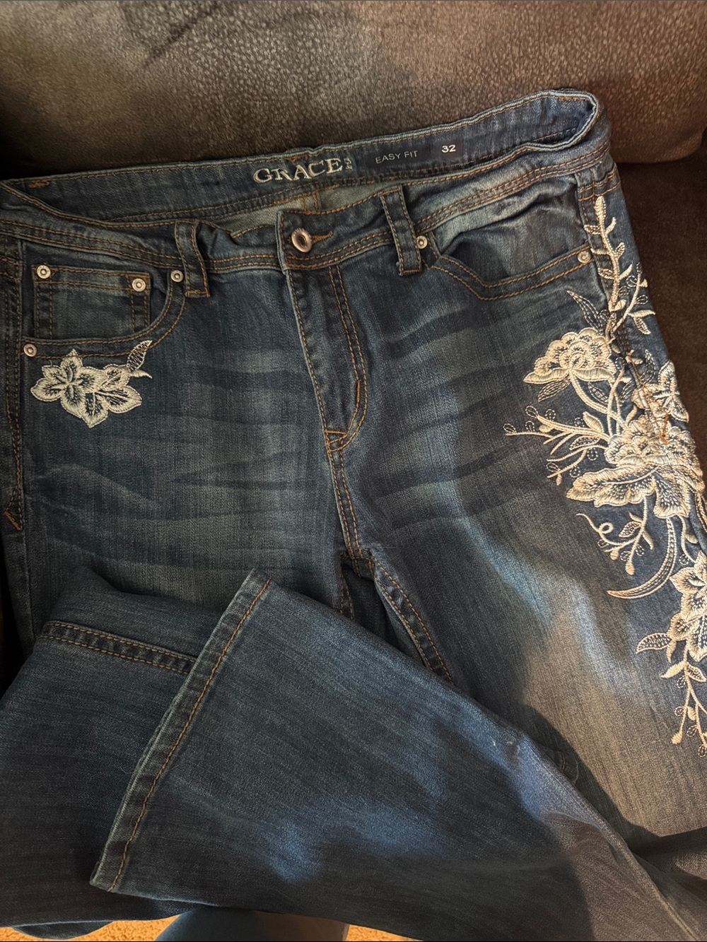 Grace in LA Dark Blue Boot Cut Jeans with White Floral Embroidery